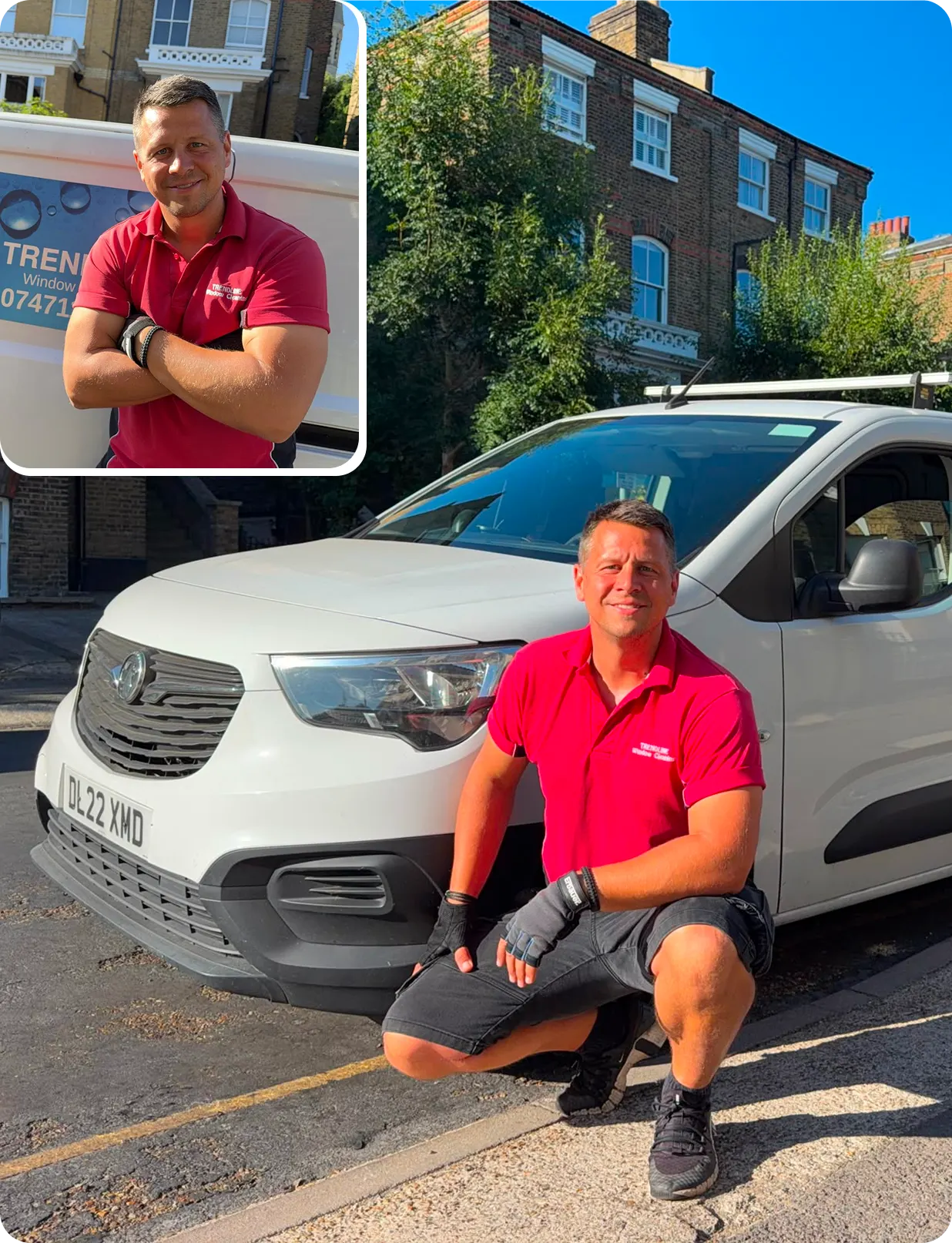 Red Point window cleaner next to the company van in Bromley