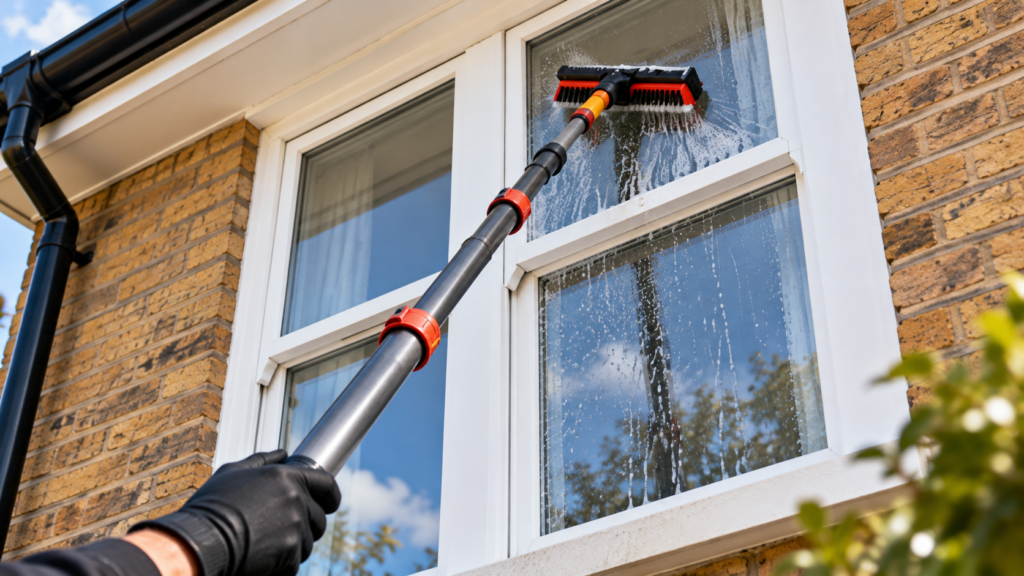 How to Clean Outside Windows You Can't Reach 3 Cleaning an upstairs window from the ground with a water-fed telescopic pole